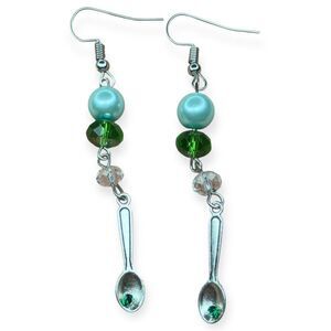 Modern Silver Tone Spoon Dangle Earrings Faux Pearl Green Austrian Crystal